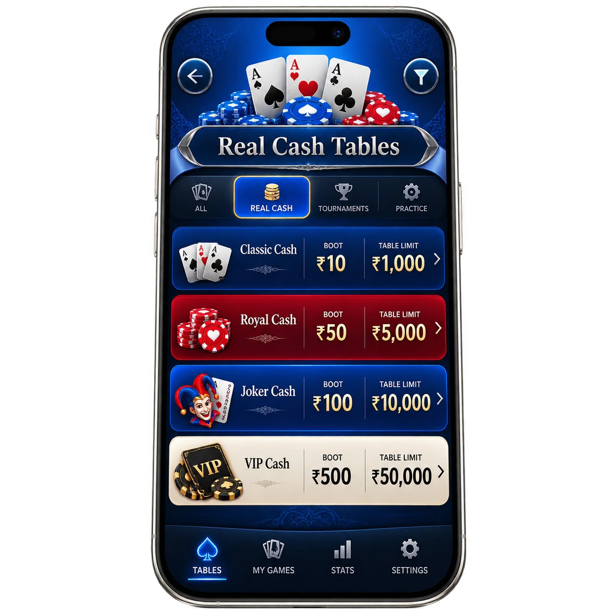 Real cash Teen Patti tables listed with their boot sizes and table limits