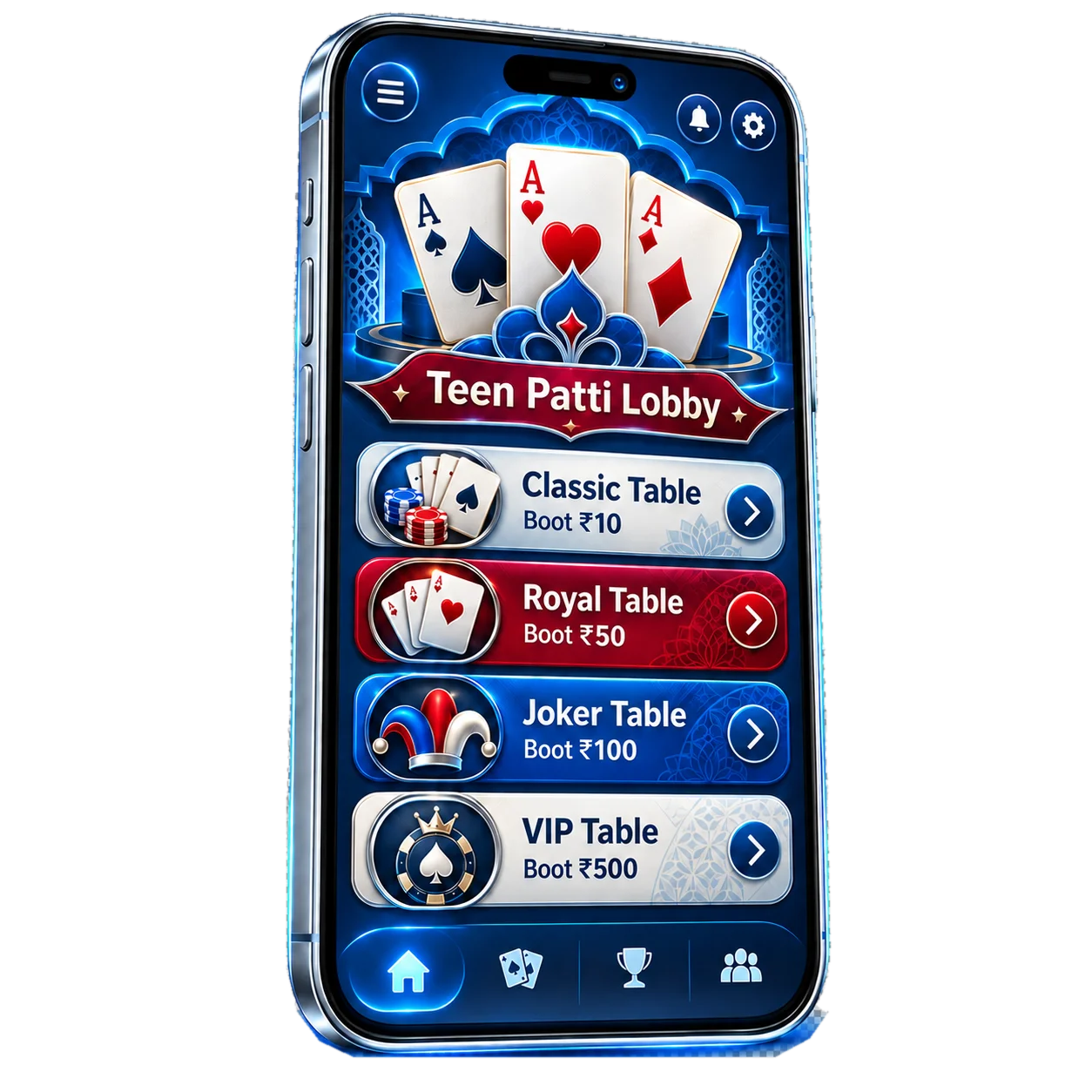 The Teen Patti Star lobby showing available Teen Patti tables and their boot sizes