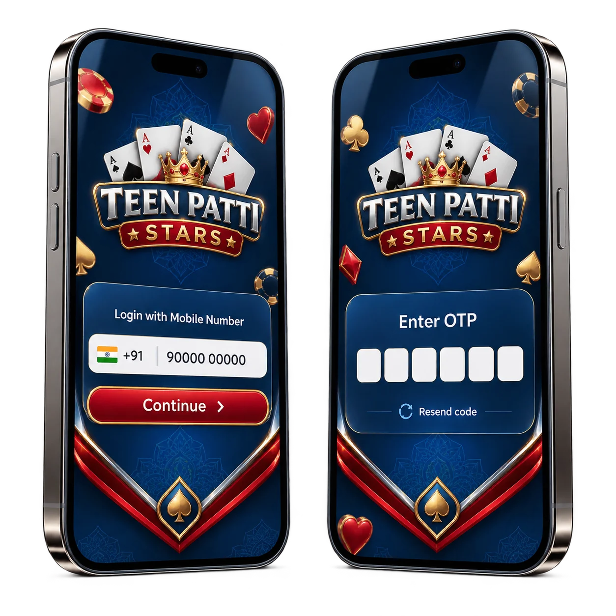 The Teen Patti Star login screen asking for a mobile number, and the OTP entry step beside it