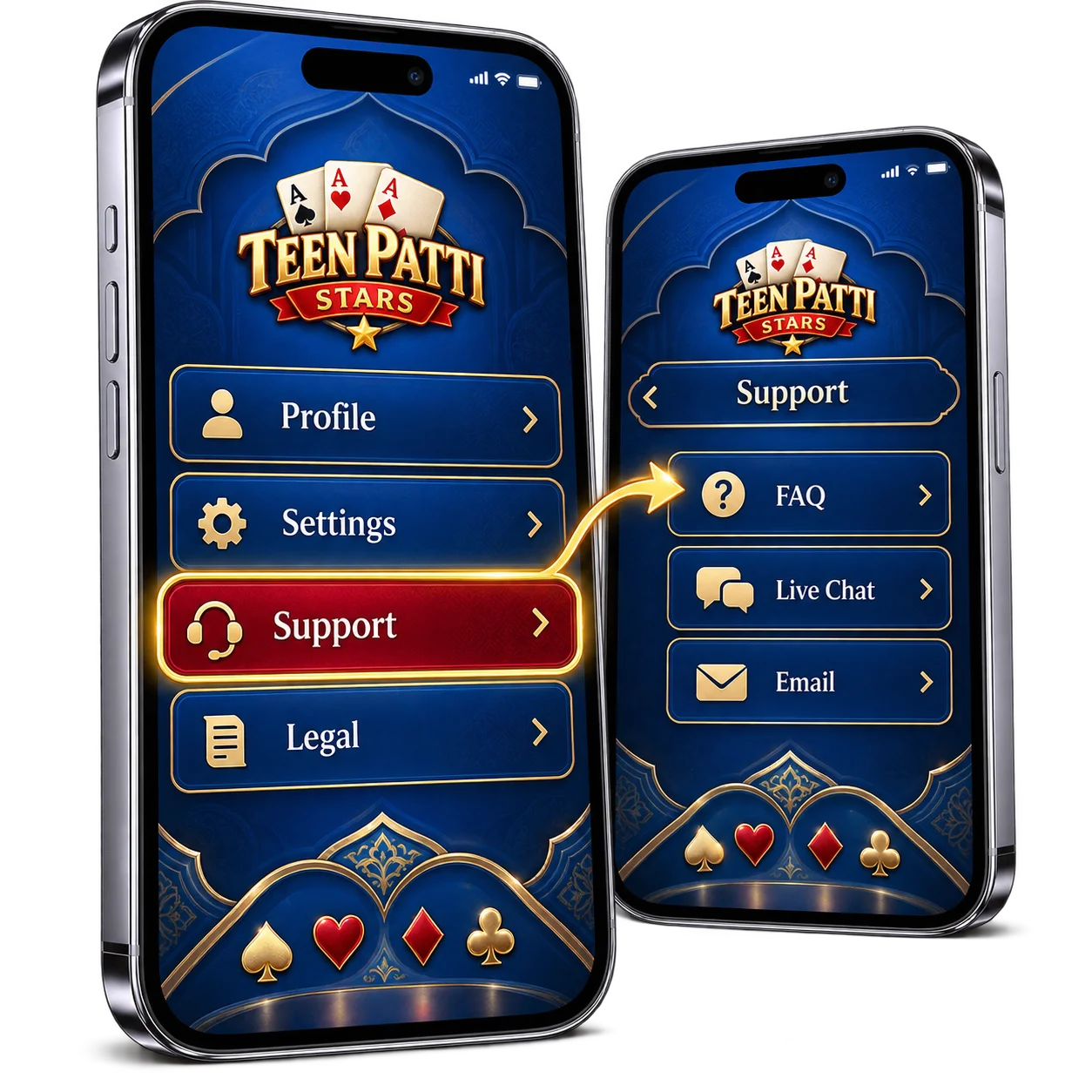 Where to find in-app support inside Teen Patti Star