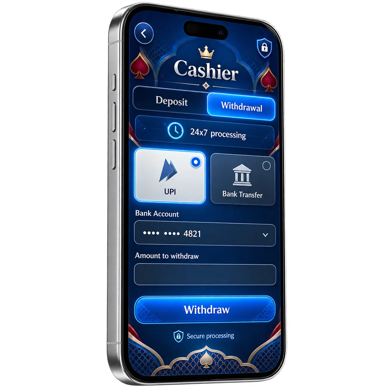 The Teen Patti Star withdrawal screen showing payment methods and processing time